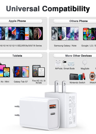 LCGENS USB C Wall Charger Block 20W, 2-Pack Dual Port PD Power Delivery Fast Type C Charging Block Plug Compatible with iPhone 11/12/13/14/15/16/Pro Max, XS/XR/X, Ipad Pro, Samsung Galaxy
