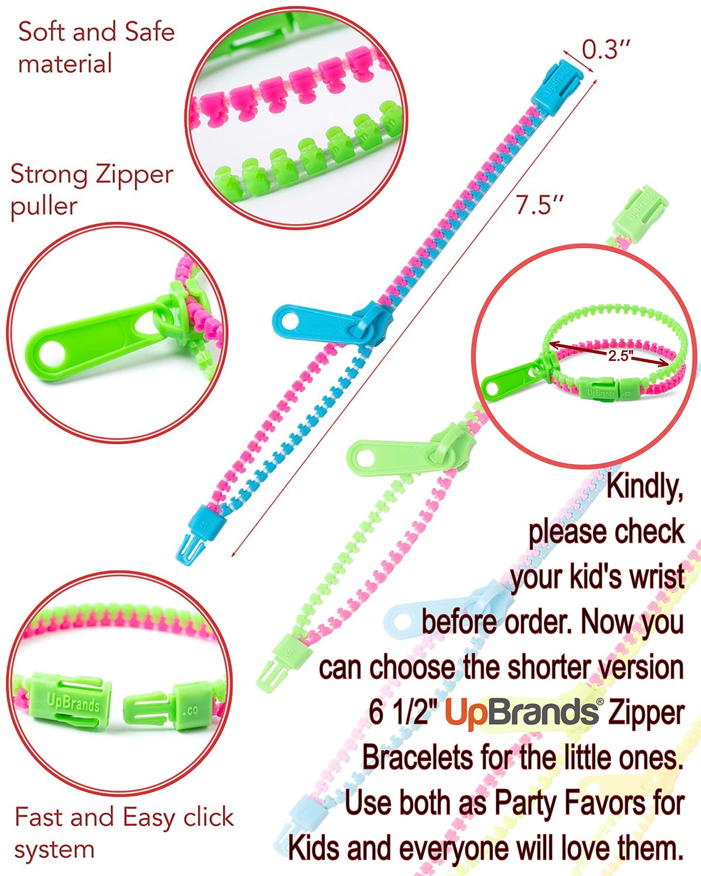 UpBrands 120 Students Incentives Friendship Zipper Bracelets 7.5β, Easter Favors for Kids, Stress Relief Quiet Fidget Toys, Kit for Kids Valentine Gifts, Goodie Bags, Easter Egg Fillers, School Prizes