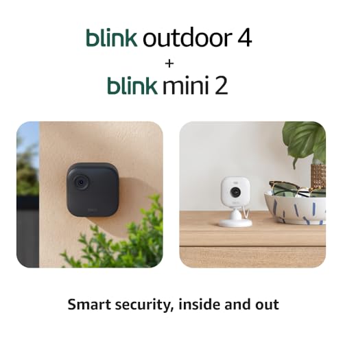 Blink Outdoor 4 + Mini 2 – Wireless smart security camera, two-year battery life, 1080p HD day and infrared night live view. Sync Module Core included – 2 camera system + Mini 2 (White)