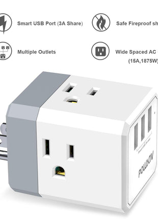 3-Outlet USB Wall Charger and Extender with 3-Way Splitter, ETL Listed - for Home, Office, Cruise Ship