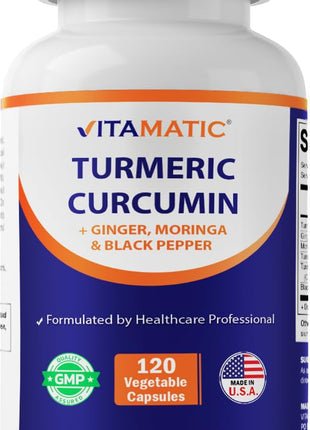 Vitamatic Turmeric Curcumin Supplement (10:1 Equivalent 3000 mg Per Serving, Made with 95% Curcuminoids, Black Pepper, Ginger, Moringa) 120 Vegetable Capsules, Non-GMO, Gluten Free (120 Capsules)