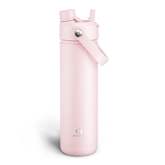 Insulated Water Bottle with Straw - Encool Stainless Steel Water Bottle, Leak-Proof, BPA-Free, Double Wall Vacuum Keeps Cold for 24 Hours for Sports, Travel, School (26 oz, Cotton Candy)