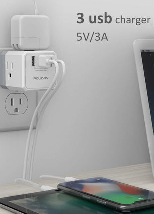 3-Outlet USB Wall Charger and Extender with 3-Way Splitter, ETL Listed - for Home, Office, Cruise Ship