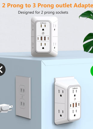 USB Wall Charger Power Strip Surge Protector with 4 USB Ports (2 USB C) Plug Extension Multiple Outlets Plug Extension Multi Outlet Plug in Adapter Spaced Outlets for Home Office Travel,White (White)