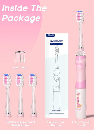 SEAGO Kids Electric Toothbrush with 2 Mins Timer and 4 Replacement Bursh Heads, Rainbow LED Light Make Brushing Fun, Pink Color Girls Battery Powerd for 4-12 Years Old，SG-977