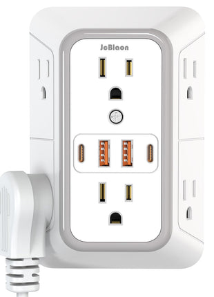 USB Wall Charger Power Strip Surge Protector with 4 USB Ports (2 USB C) Plug Extension Multiple Outlets Plug Extension Multi Outlet Plug in Adapter Spaced Outlets for Home Office Travel,White (White)