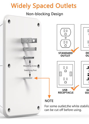 USB Wall Charger Power Strip Surge Protector with 4 USB Ports (2 USB C) Plug Extension Multiple Outlets Plug Extension Multi Outlet Plug in Adapter Spaced Outlets for Home Office Travel,White (White)