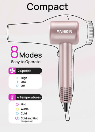 Hair Dryer, High-Speed Ionic Low Noise Blow Dryer with Brushless Motor for Fast Drying, Thermo-Control Quiet Compact Hair Blow Dryer with Magnetic Diffuser for Curly Hair for Home Travel Salon