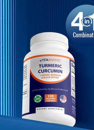 Vitamatic Turmeric Curcumin Supplement (10:1 Equivalent 3000 mg Per Serving, Made with 95% Curcuminoids, Black Pepper, Ginger, Moringa) 120 Vegetable Capsules, Non-GMO, Gluten Free (120 Capsules)