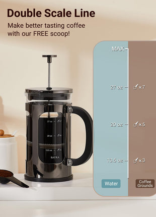 BAYKA French Press Coffee Maker, Large 304 Stainless Steel Coffee Press, Cold Brew Heat Resistant Thickened Borosilicate Coffee Pot for Camping Travel Gifts, 34 Ounce, Dark Pewter
