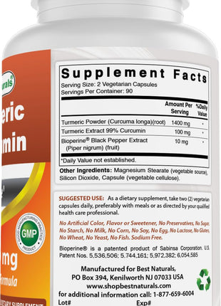 Best Naturals Turmeric Curcumin 1500mg/Serving with Bioperine - 180 Veggie Capsules