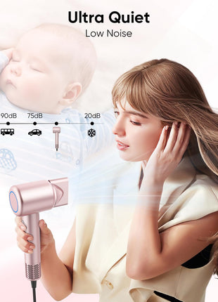 Hair Dryer, High-Speed Ionic Low Noise Blow Dryer with Brushless Motor for Fast Drying, Thermo-Control Quiet Compact Hair Blow Dryer with Magnetic Diffuser for Curly Hair for Home Travel Salon