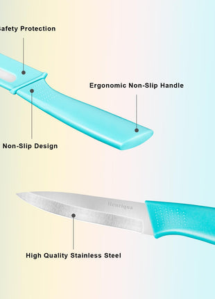 Henriqua Paring Knife Set of 4, Paring Knives With Cover, 4 inch Small Fruit Knife, Ultra Sharp Kitchen Knives，High Carbon Stainless Steel PP Plastic Handle