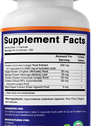 Vitamatic Turmeric Curcumin Supplement (10:1 Equivalent 3000 mg Per Serving, Made with 95% Curcuminoids, Black Pepper, Ginger, Moringa) 120 Vegetable Capsules, Non-GMO, Gluten Free (120 Capsules)