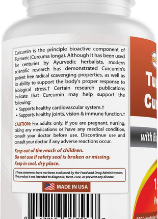 Best Naturals Turmeric Curcumin 1500mg/Serving with Bioperine - 180 Veggie Capsules