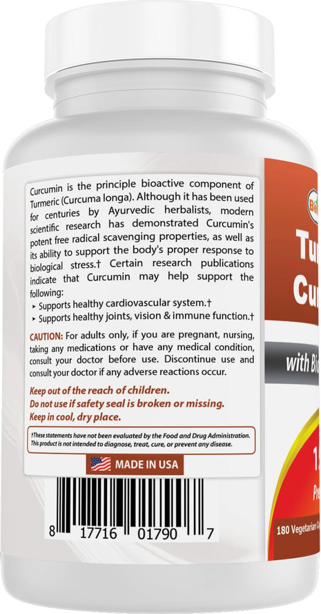 Best Naturals Turmeric Curcumin 1500mg/Serving with Bioperine - 180 Veggie Capsules
