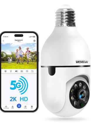 WESECUU Light Bulb Security Camera -5G& 2.4GHz WiFi 2K Security Cameras Wireless Outdoor Motion Detection and Alarm,Two-Way Talk,Color Night Vision,Human Detection, Bulb Camera Compatible with Alexa