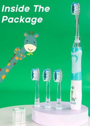 SEAGO Kids Electric Toothbrush with 2 Mins Brushing Timer and 4 Replacement Bursh Heads, Rainbow LED Light Make Brushing Fun, Green Color Boys Battery Powerd Toothbrush for 4-12 Years Old，SG-977