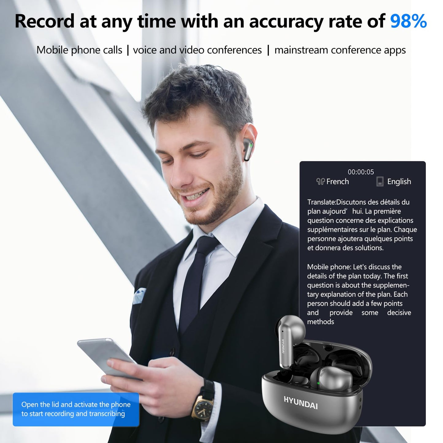Language Translator Earbuds, Translation Earbuds in Real Time, Intelligent AI Translator Device Headset, Semi-in-Ear, for Travel Business Learning-Grey