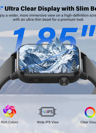 kececo Smart Watch, 1.85" HD Display, 3D Dynamic Dial, 60Hz High Refresh, Bluetooth Calling, LED Flashlight, 100+ Sports Modes (Black)