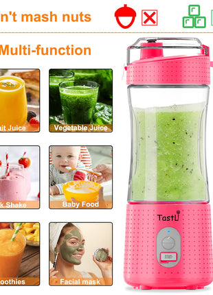 TastLi Portable Blender, USB Rechargeable Juice on the Go Personal Blender for Shakes and Smoothies with Ice Tray (Pink pro)
