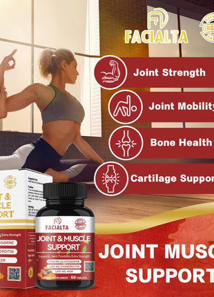 Facialta Joint & Muscle Support Supplement, 1500mg Glucosamine, 1200mg Chondroitin, 1000mg MSM, 60 Tablets, Joint Flexibility Extra Strength
