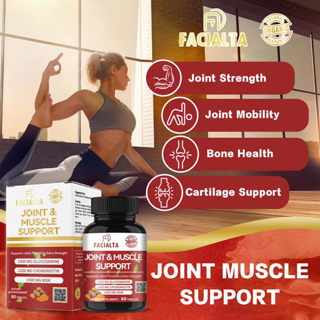 Facialta Joint & Muscle Support Supplement, 1500mg Glucosamine, 1200mg Chondroitin, 1000mg MSM, 60 Tablets, Joint Flexibility Extra Strength