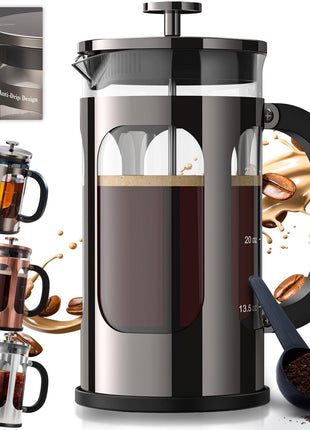 BAYKA French Press Coffee Maker, Large 304 Stainless Steel Coffee Press, Cold Brew Heat Resistant Thickened Borosilicate Coffee Pot for Camping Travel Gifts, 34 Ounce, Dark Pewter