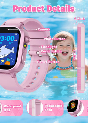Wiszodet Kids Waterproof Smart Watch Girls Gift Age 3-12 with 39 Game HD Touch Screen Music Player Video Camera Pedometer Alarm Clock Birthday Gift for 6 7 8 9 Year Olds Pink