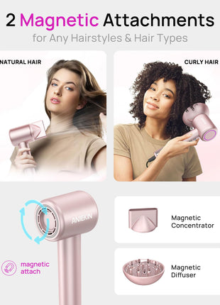 Hair Dryer, High-Speed Ionic Low Noise Blow Dryer with Brushless Motor for Fast Drying, Thermo-Control Quiet Compact Hair Blow Dryer with Magnetic Diffuser for Curly Hair for Home Travel Salon