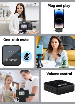 PQRQP 3-in-1 Mini Microphone for iPhone/Android/Camera, Hi-Fi Audio, 48kHz/24-bit, Wireless Microphones, 328ft Range, 20H Battery, Lapel Mic with Noise Reduction for Live Streaming, TikTok, YouTube