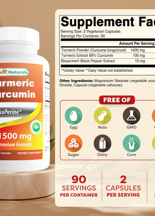 Best Naturals Turmeric Curcumin 1500mg/Serving with Bioperine - 180 Veggie Capsules