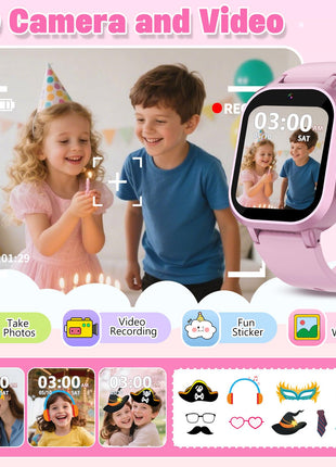 Wiszodet Kids Waterproof Smart Watch Girls Gift Age 3-12 with 39 Game HD Touch Screen Music Player Video Camera Pedometer Alarm Clock Birthday Gift for 6 7 8 9 Year Olds Pink