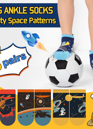 SukModen Kids Ankle Boys Socks, 6 Pairs Space Pattern No Show Funny Cute Cartoon Fun Boys Novelty Cotton Socks(5-8Y) in