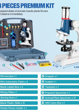 58-Piece Kids Microscope Kit - 100X-1200X Magnification, Metal Body, LED Light, Carrying Box - Science Experiment Toy for Kids Ages 5-12