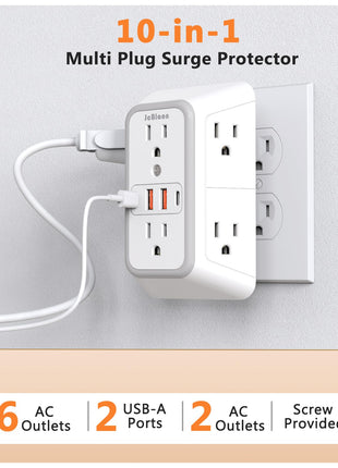 USB Wall Charger Power Strip Surge Protector with 4 USB Ports (2 USB C) Plug Extension Multiple Outlets Plug Extension Multi Outlet Plug in Adapter Spaced Outlets for Home Office Travel,White (White)