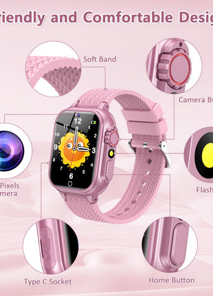 Kids Smart Watch for Girls Ages 6-12 with 32 Games, Touch Screen, Camera, Video/Audio Recording, Music Player, Alarm Clock, Calendar - Christmas Birthday Gifts Toys for Girls Boys (Pink)