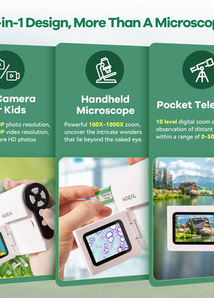 Hideal HP20 IPS Microscope for Kids: [3-in-1] [Easy and Fun] 2" Portable Handheld Microscope Miniscope, Pocket Mini Scope Educational Science Kit, Christmas Birthday Gifts for Kids, 32GB, White