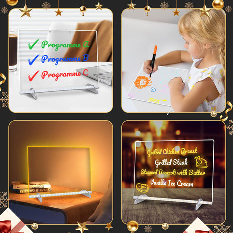 LED Note Board with Colors, 13.7"X10" 4 Modes &7 Colors Acrylic Dry Erase Boards with Light, Include Adapter, Hanging Chain, Led Drawing Board for Kids with Stand,7 Markers, Spray Bottle