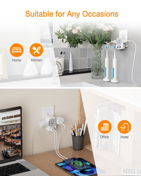 TESSAN USB Charger Block, Wall Plug Adapter with Electrical 4 Box Splitter 3 USB Wall Charger Ports, Multi Plug Outlet Extender Charging for Cruise, Travel, Office, Dorm Essentials