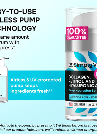SimplyVital Collagen, Retinol & Hyaluronic Acid Serum - Anti-Aging Moisturizer for Face, Neck & Décolleté - Made in USA, Deep Moisturizing Skin Care Complex - Hydrating Facial Serum for Women, 1 fl.oz