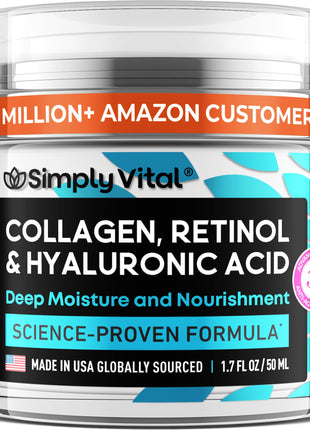SimplyVital Collagen, Retinol & Hyaluronic Acid Cream - Anti-Aging Face Moisturizer for Face, Firming Skin Care Neck & Décolleté - Made in USA, Daily Moisturizer Face Cream Day & Night - 1.7 fl.oz.