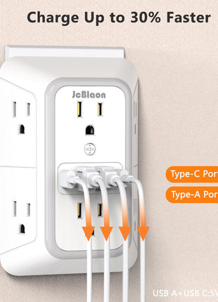 USB Wall Charger Power Strip Surge Protector with 4 USB Ports (2 USB C) Plug Extension Multiple Outlets Plug Extension Multi Outlet Plug in Adapter Spaced Outlets for Home Office Travel,White (White)