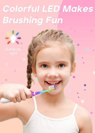 SEAGO Kids Electric Toothbrush with 2 Mins Timer and 4 Replacement Bursh Heads, Rainbow LED Light Make Brushing Fun, Pink Color Girls Battery Powerd for 4-12 Years Old，SG-977