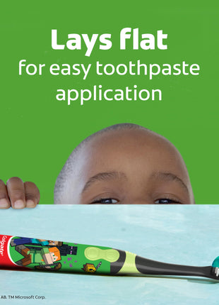 Colgate Kids Battery Powered Minecraft Toothbrush, Extra Soft Kids Battery Toothbrush with 1 AA Battery Included, Made for Ages 3 and Up, Features Easy On and Off Switch, Flat Lay Handle, 1 Count