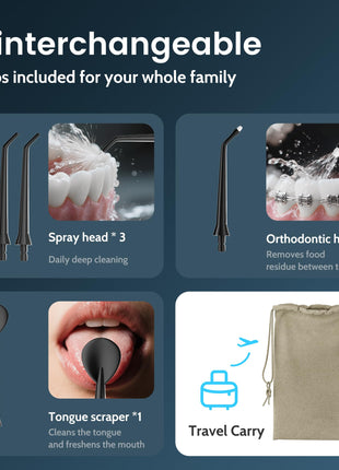 Water Flossers for Teeth, Electric Floss for Adults, Water Dental Picks for Teeth Cleaning and Flossing, Portable Flossers for Travel Size, Travel Bag and 4 Tips, IPX7 Waterproof - Black