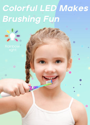 SEAGO Kids Electric Toothbrush with 2 Mins Brushing Timer and 4 Replacement Bursh Heads, Rainbow LED Light Make Brushing Fun, Green Color Boys Battery Powerd Toothbrush for 4-12 Years Old，SG-977