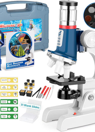 58-Piece Kids Microscope Kit - 100X-1200X Magnification, Metal Body, LED Light, Carrying Box - Science Experiment Toy for Kids Ages 5-12