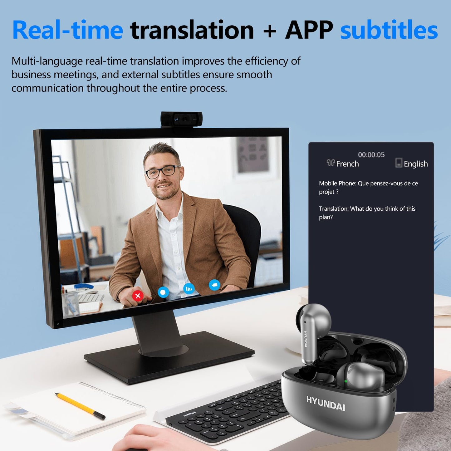 Language Translator Earbuds, Translation Earbuds in Real Time, Intelligent AI Translator Device Headset, Semi-in-Ear, for Travel Business Learning-Grey