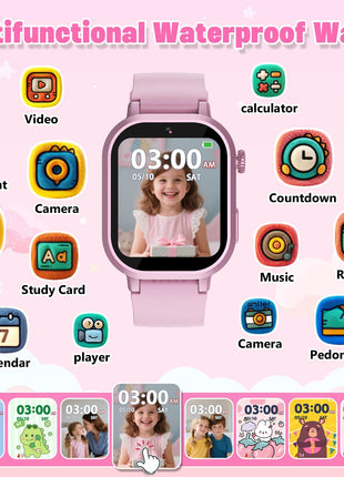 Wiszodet Kids Waterproof Smart Watch Girls Gift Age 3-12 with 39 Game HD Touch Screen Music Player Video Camera Pedometer Alarm Clock Birthday Gift for 6 7 8 9 Year Olds Pink